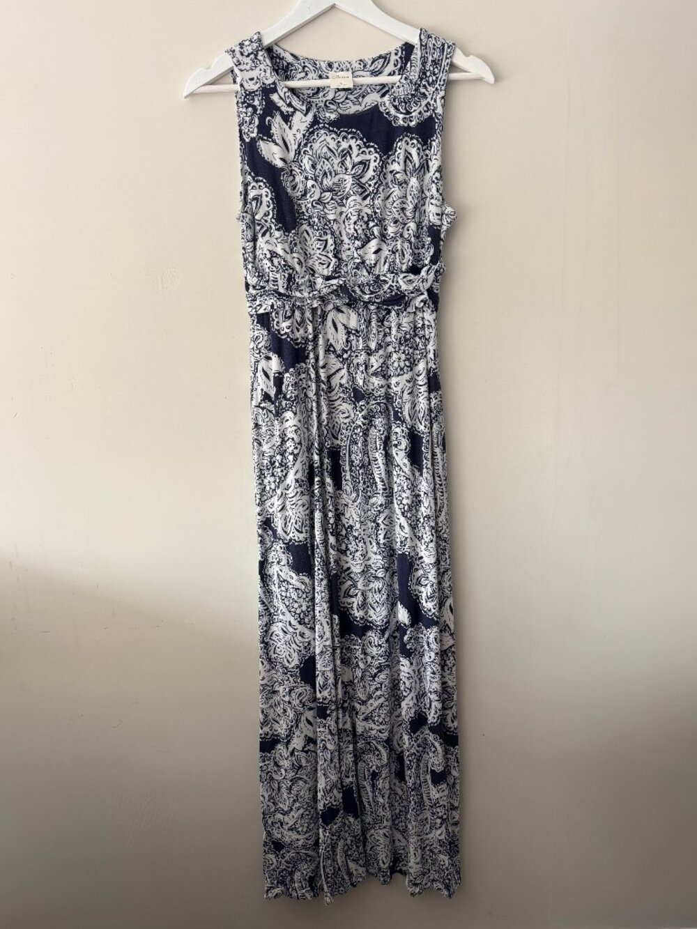 Soma Navy White Paisley Maxi Dress VERY Soft Stretch Sleeveless Tie Waist Size S